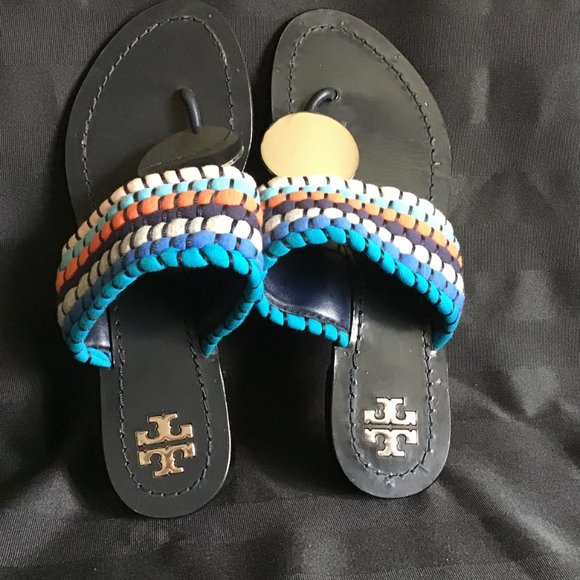 Tory Burch Women's Patos Sport Blue Silver Disk Thong Sandals Flip Flops Size 6 - Picture 4 of 8